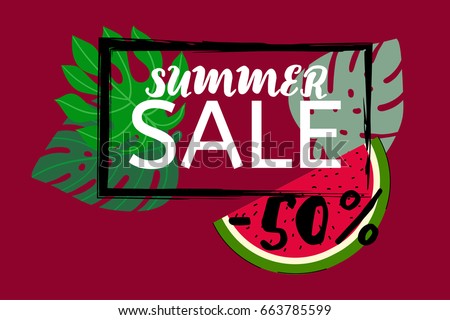Vector watermelon and monstera leaves, black frame on red. Watermelon slice and tropical leaves summer sale 50% banner, botanical border, floral design. Discount poster background, trendy exotic frame