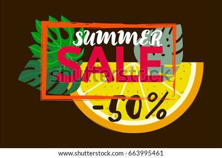 Vector orange and monstera leaves, orange frame on brown. Orange slice, tropical leaves summer sale 50% banner, round botanical border, floral design. Discount poster background, trendy exotic frame.