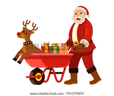 Merry Christmas! Santa Claus bring gift and reindeer with wheelbarrow on Christmas vector illustration