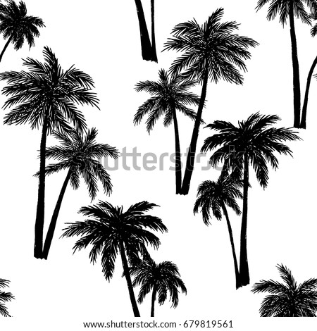 Seamless vector pattern of a hand drawn palm trees. Illustration with tropical palm trees on white background.