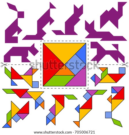 vector tangram puzzle animals collection geometric puzzle collection of 7 objects and answer