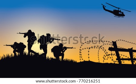 Military vector illustration, Army soldiers, Military silhouettes background.
