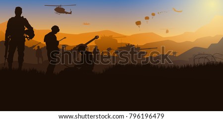 Artillery silhouettes vector illustration, Military vector illustration, Army soldiers, Cavalry silhouettes vector, Military silhouettes background.