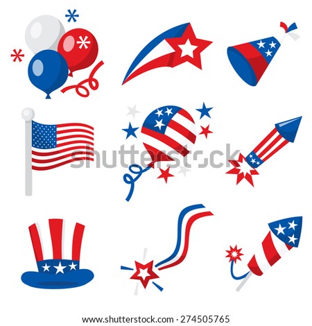 A vector illustration of fourth of july or american patriotic icons like balloons, firecrackers and decorations.