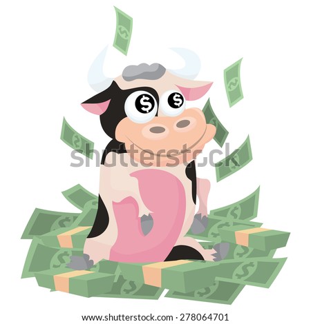 A cartoon vector illustration of the saying cash cow. A cute cow sitting on top of pile of money.