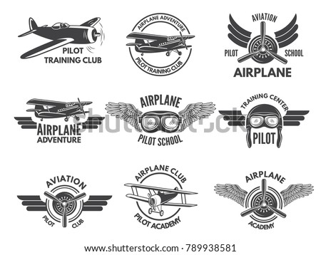 Labels design template with pictures of airplanes. Aircraft emblem, pilot school and aviation transportation training, vector illustration