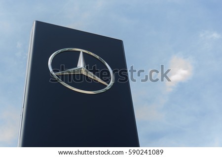 Kota Kinabalu Sabah Malaysia - Feb 25, 2017 : Mercedes Benz logo at Kota Kinabalu showroom. Mercedes Benz a German automotive company is well known for its luxury car line up.