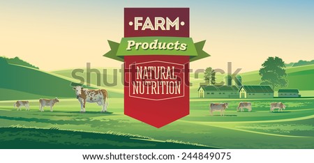 Rural landscape with cows and lettering design elements.