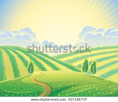 Summer rural landscape with hills and road. Sunrise over the hills that morning.