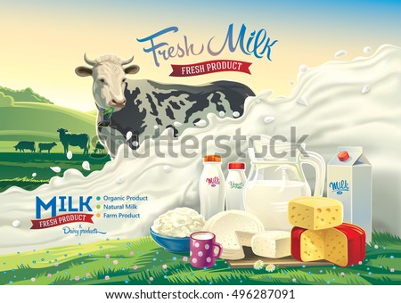 Illustrazione vettoriale con una mucca, una spruzzata di latte e una serie di prodotti lattiero-caseari: formaggio, latte, yogurt, sullo sfondo di un paesaggio rurale.