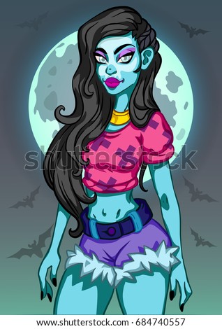 .y Zombie Girl On Background Moon Stock Vector 684740557 