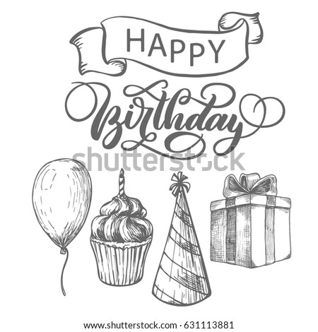 Happy Birthday Fancy Vintage Hand Lettering Ink Calligraphy Vector Type Design With Ribbon