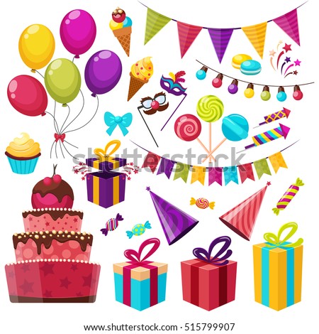 Birthday party isolated elements set with colorful presents fairy lights flags balloons and sweets symbols flat vector illustration