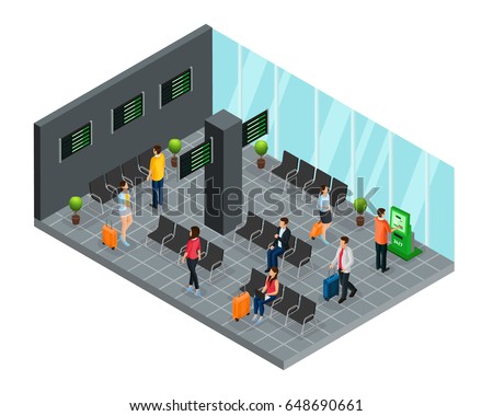 Isometric airport departure lounge concept with passengers waiting for flight boarding vector illustration