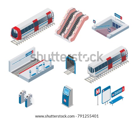 Isometric metro elements collection with train escalator entrance station tunnel subway gate ticket machine isolated vector illustration