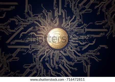 Gold coin Bitcoin on a black background. The concept of crypto currency. Blockchain technology. Mixed media.