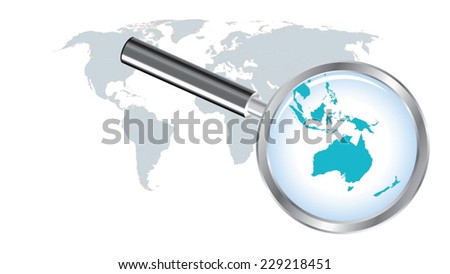 world map countries with australia magnified by loupe