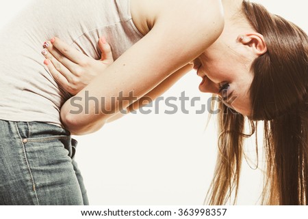 Woman suffering from stomachache pain. Girl having period bellyache. Health.