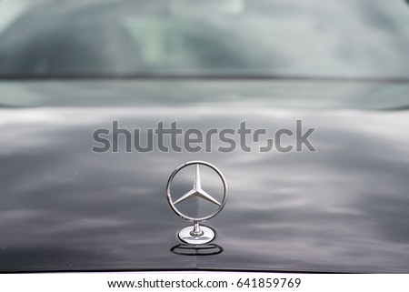 Kyiv, Ukraine - May 15th, 2017: Mercedes-Benz badge on the car's bonnet. Close-up photo