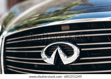 Kyiv, Ukraine - June 16th, 2017: Infiniti logo close up. Infinity is Japanese automobile manufacturer. It is Mazda brand which is used for luxury automobiles.