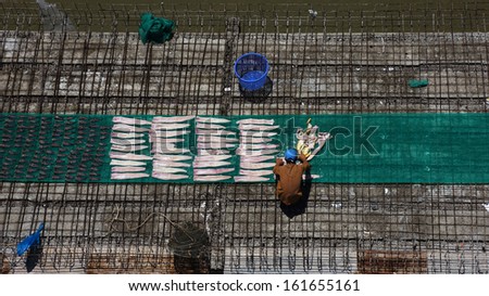 CA MAU, VIET NAM- JUNE 29: People dry fish to make dried fish in Ca Mau, viet Nam, on June 29, 2013