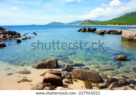 Vietnamese beach at Hang Rai, Phan Rang, Ninh thuan, coastal countryside, amazing with large rock, blue water, beautiful place for Vietnam ecotourism