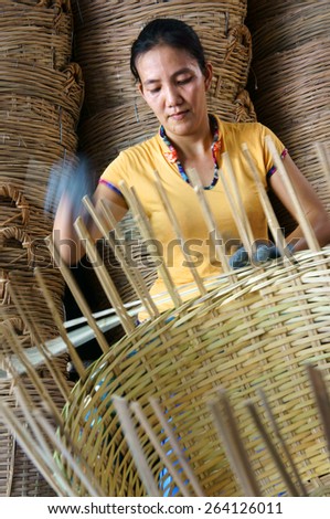 VINH LONG, VIET NAM- MAR 24: Asia trade village at Mekong Delta, Vietnamese people work inside to make basket from bamboo material, clever hand and hard working to make product, Vietnam, Mar 24, 2015
