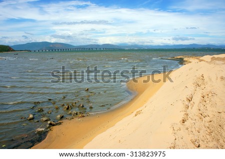 Reclamation project at Quy Nhon, Binh Dinh, Viet Nam, fill up sand on water to make construction plan, try to change nature for human profit, fill soil at seaside