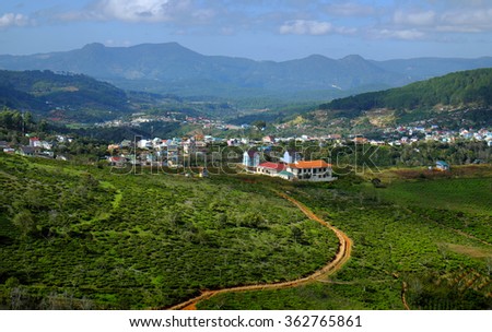 Beautiful panorama of Dalat countryside, Viet Nam, a agriculture residence with undulating terrain among hill and mountain make amazing scene of Da Lat rural, a place for Vietnam travel