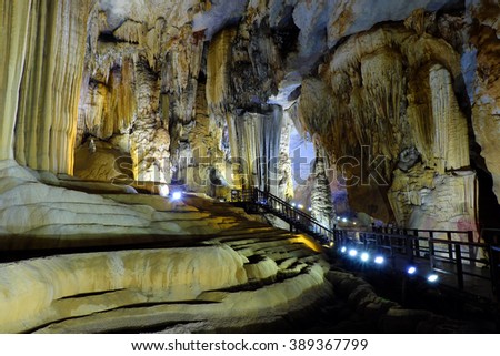 Paradise cave, an amazing, wonderful cavern at Bo Trach, Quang Binh, Vietnam, underground beautiful place for travel, heritage national with impression formation, abstract shape from stalactite