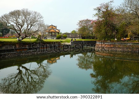 HUE, VIET NAM- FEB 19, 2016: Citadel, an culture heritage with Hoang Thanh (Imperial City),Tu Cam Thanh (Forbidden City), Dai Noi (Inner city), ngo mon (noon gate), ancient architecture in Vietnam