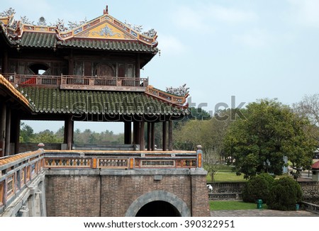 HUE, VIET NAM- FEB 19, 2016: Citadel, an culture heritage with Hoang Thanh (Imperial City),Tu Cam Thanh (Forbidden City), Dai Noi (Inner city), ngo mon (noon gate), ancient architecture in Vietnam