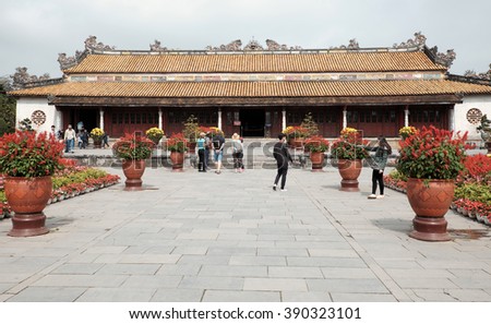 HUE, VIET NAM- FEB 19, 2016: Citadel, an culture heritage with Hoang Thanh (Imperial City),Tu Cam Thanh (Forbidden City), Dai Noi (Inner city), ngo mon (noon gate), ancient architecture in Vietnam