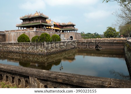 HUE, VIET NAM- FEB 19, 2016: Citadel, an culture heritage with Hoang Thanh (Imperial City),Tu Cam Thanh (Forbidden City), Dai Noi (Inner city), ngo mon (noon gate), ancient architecture in Vietnam