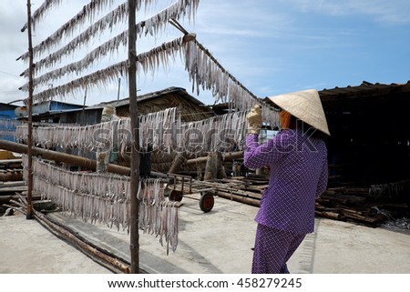 CAMAU, VIET NAM- JULY 16, 2016: Vietnamese woman dry seafood at Ca Mau fishing village, Mekong Delta. Dried fish is popular Vietnam food, can store for long time
