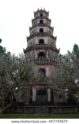 HUE, VIET NAM- FEB 19, 2016: Thien Mu padoga on day, a famous place for Hue tourism, ancient temple of buddhism with old architect, located on the Huong river, Vietnam