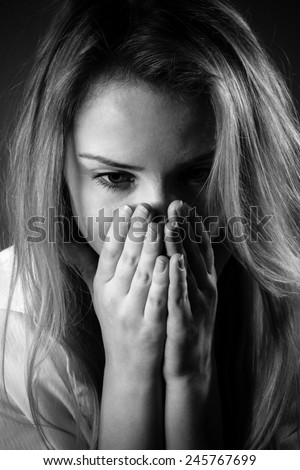 Grunge Closeup Portrait Girl Crying Covering Stock Photo 106761236