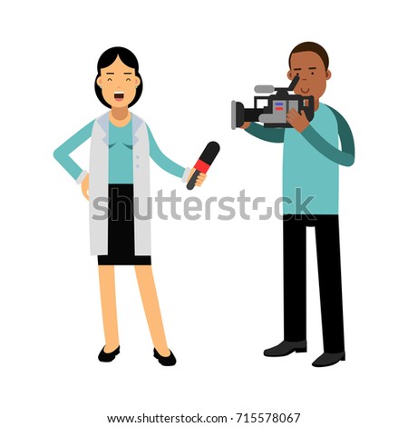 Female Reporter And Cameraman Operator Characters Filming News While Speaking With Microphone Journalist Doing Female Reporter And Cameraman Operator Characters Filming News While Speaking With Microphone Journalist Doing