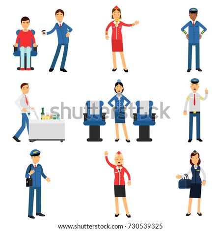 Pilot and stewardess at work during the flight set, airline working process vector Illustrations