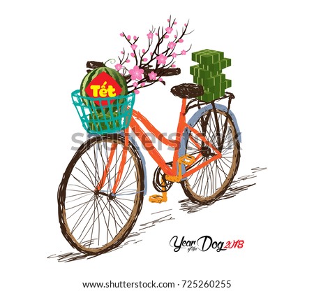 Cooked square glutinous rice cake and blossom, bicycle. Vietnamese new year. (Translation "Tet": Lunar new year)