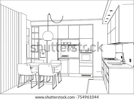 3 D Vector Sketch Modern Kitchen Design Stock Vector 754961044