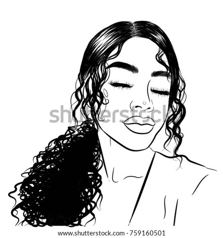 Handdrawn Black Woman Curly Luxurious Hair Girl Stock 