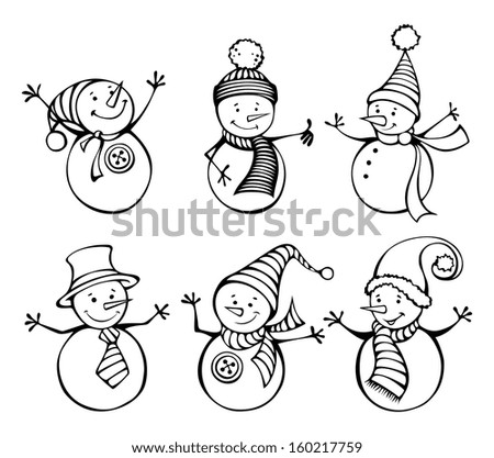 Six snowmen isolated on white background. Cute cartoon snowmen in vector for winter design. EPS 8.