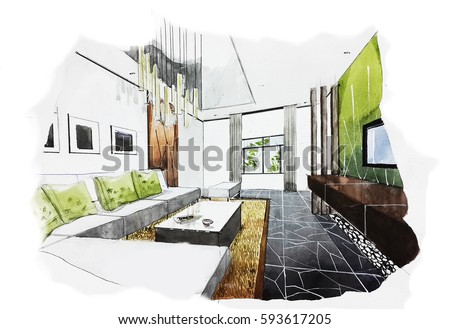 interior perspective sketch design watercolor sketching idea on white paper background - Interior Design Sketches interior perspective sketch design watercolor sketching idea on white paper background - Interior Design Sketches