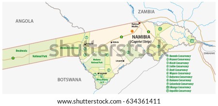 Stock Vector National Park And Conservancy Map Of The Caprivi Strip In The North East Of Namibia 634361411 