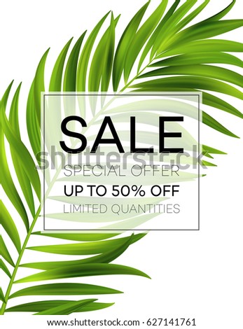 Sale banner or poster with palm leaves and jungle leaf. Floral tropical summer background. Vector illustration EPS10