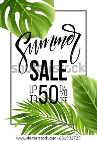 Sale banner, poster with palm leaves, jungle leaf and handwriting lettering. Floral tropical summer background. Vector illustration EPS10