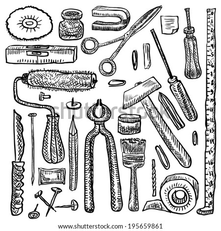 Set of sketch doodle different tools for repair. - stock vector