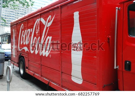 CocaCola Truck With Logos And Glass Bottle Image - Soft Drink / Pop - Vintage / Retro Red Vehicle - TORONTO, CANADA - July 2017