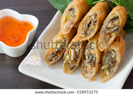 Fried Spring rolls on white dish in the kitchen / Selective focus image
